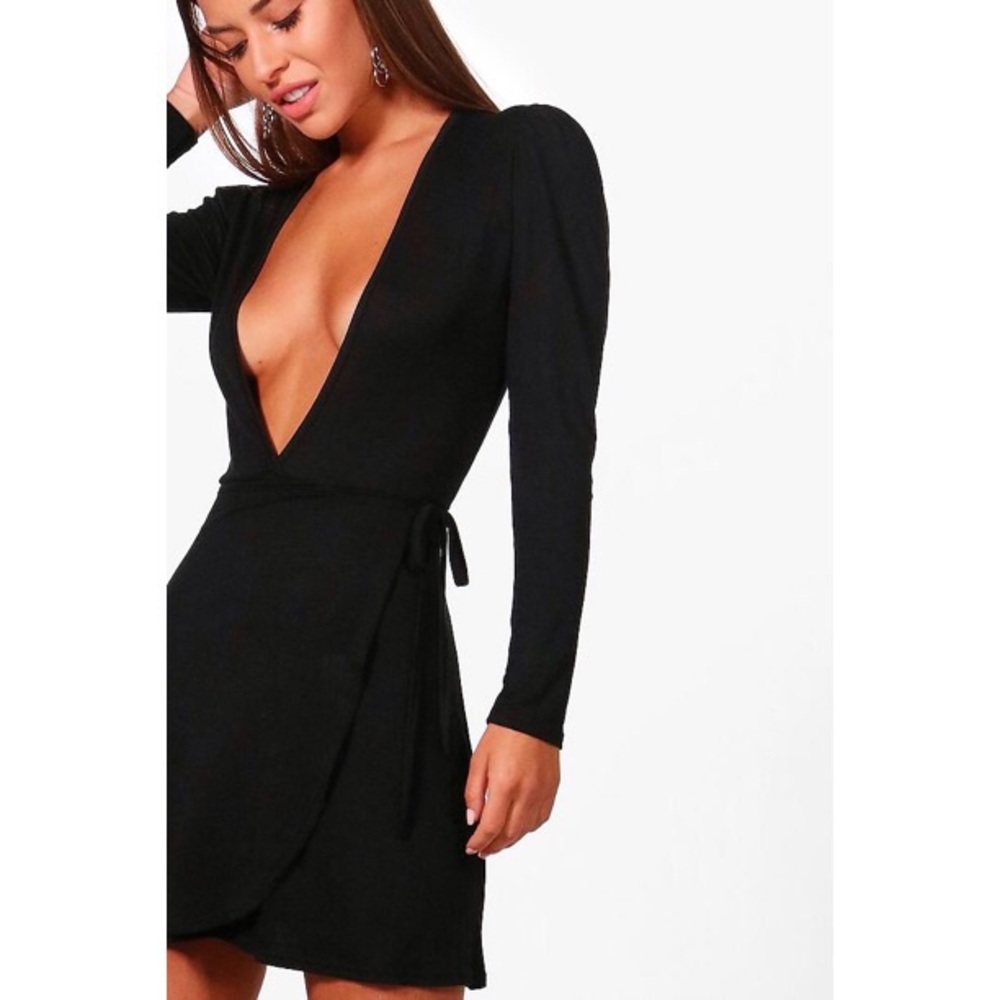 Black Petite Leanne Plunge Wrap Skater Dress